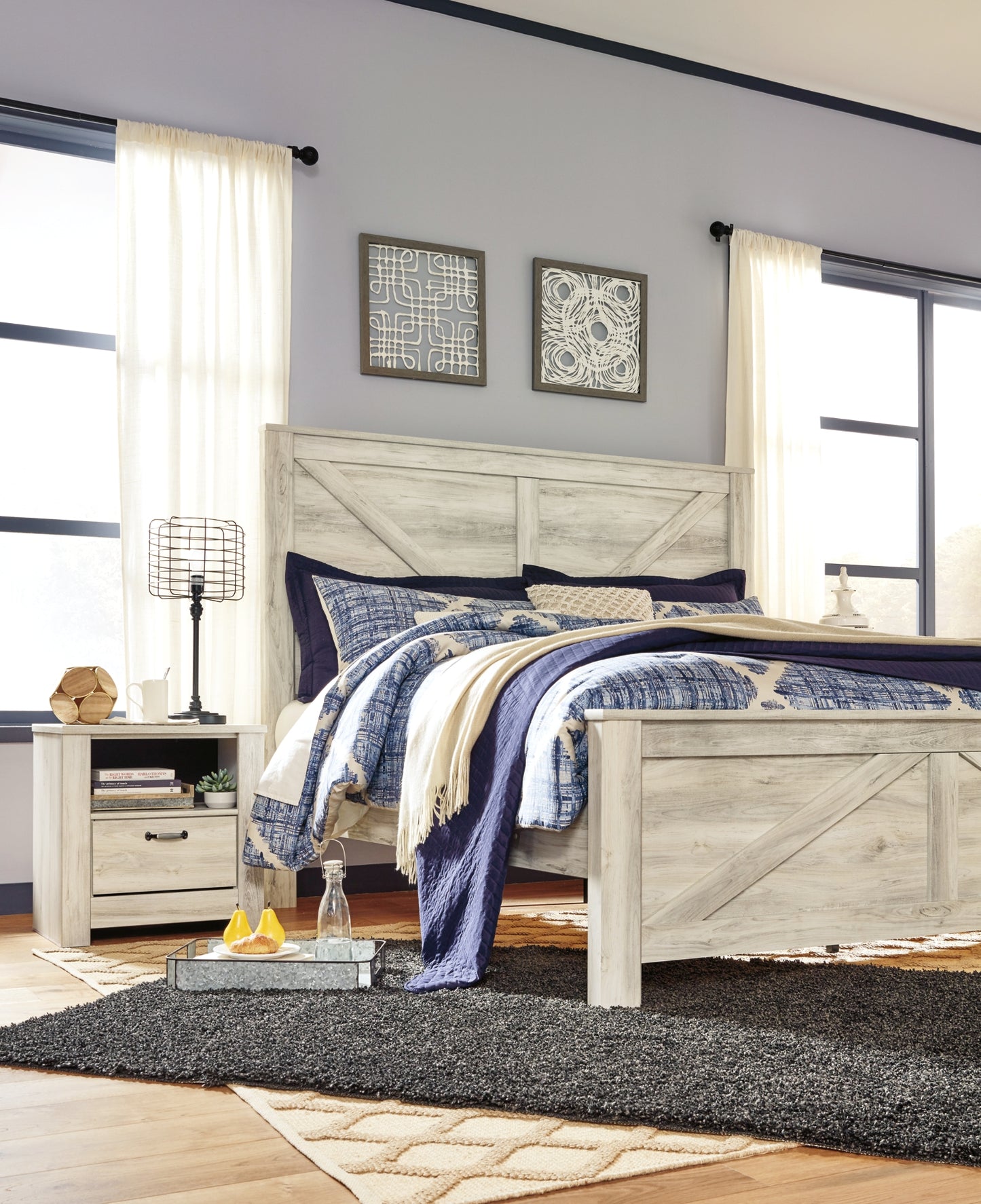 Bellaby  Crossbuck Panel Bed With Mirrored Dresser And 2 Nightstands