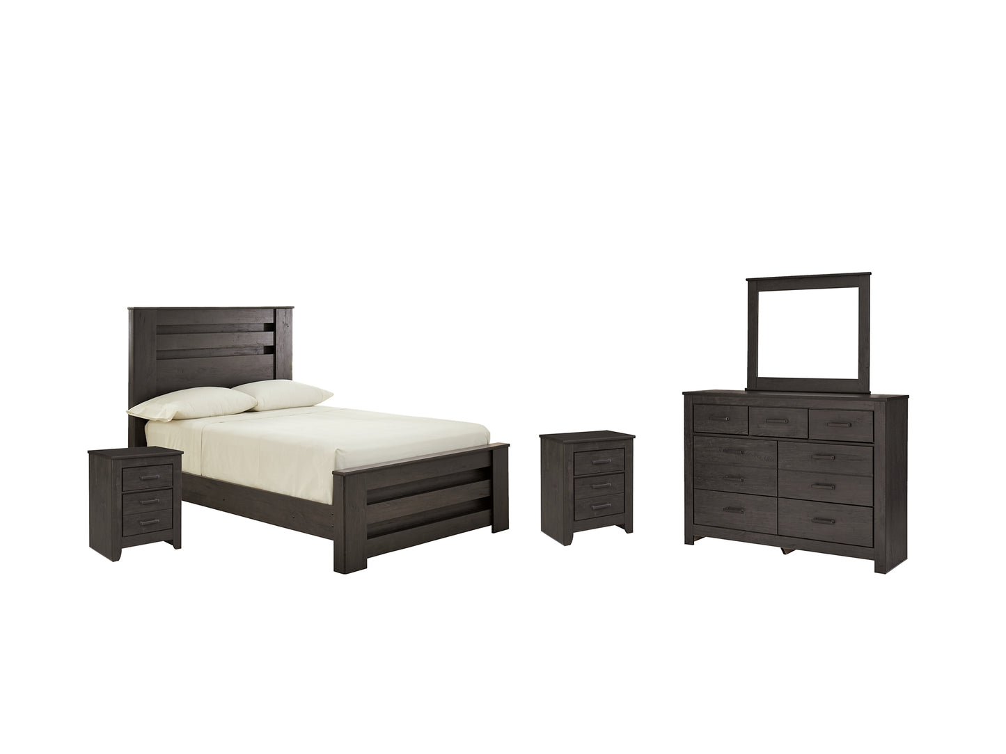 Brinxton Full Panel Bed with Mirrored Dresser and 2 Nightstands
